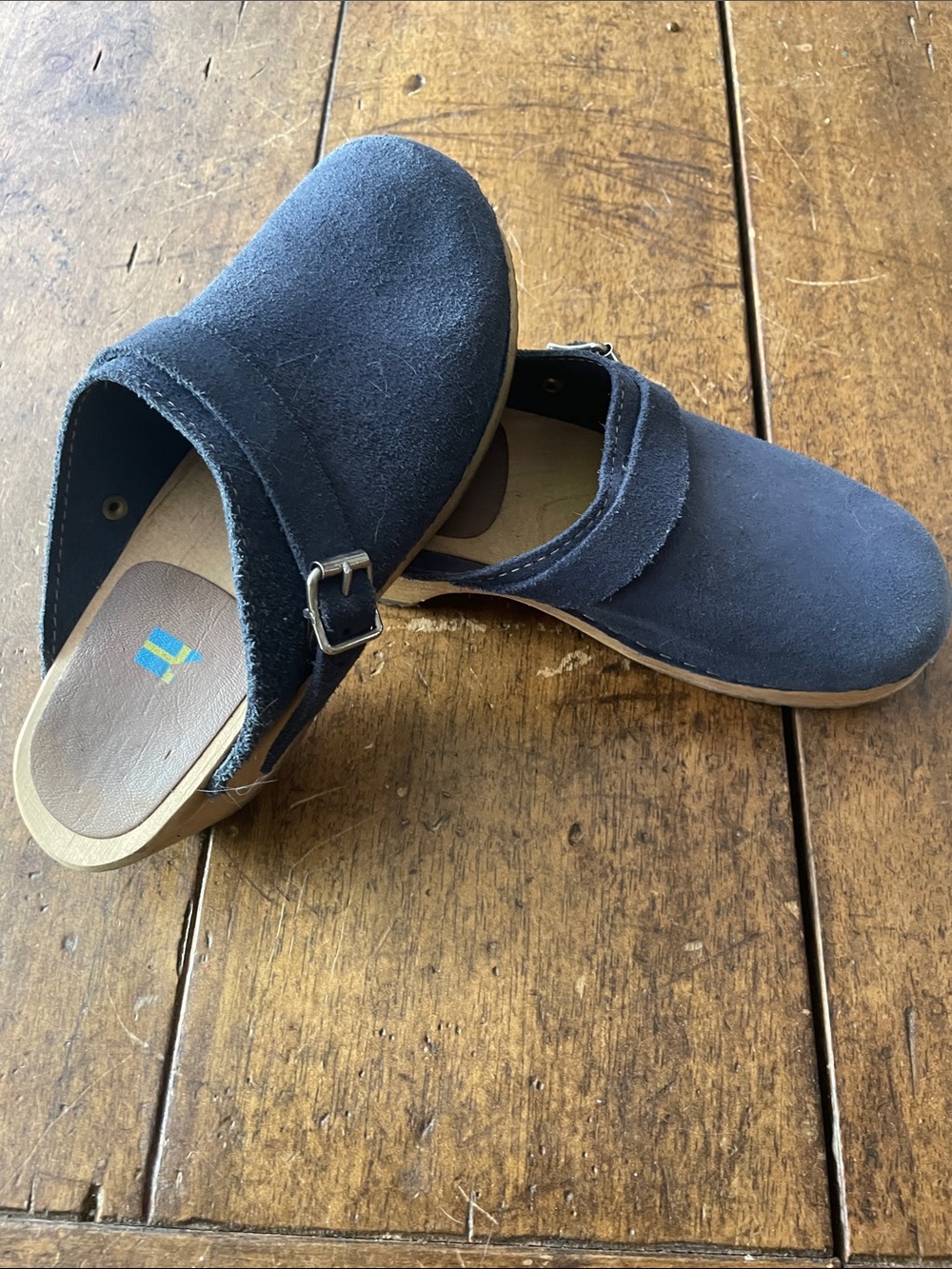 Navy Suede Heel Clog with Adjustable Buckle